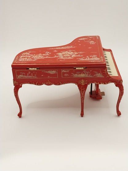Grand Piano & Stool, Red Chinoiserie, Handpainted