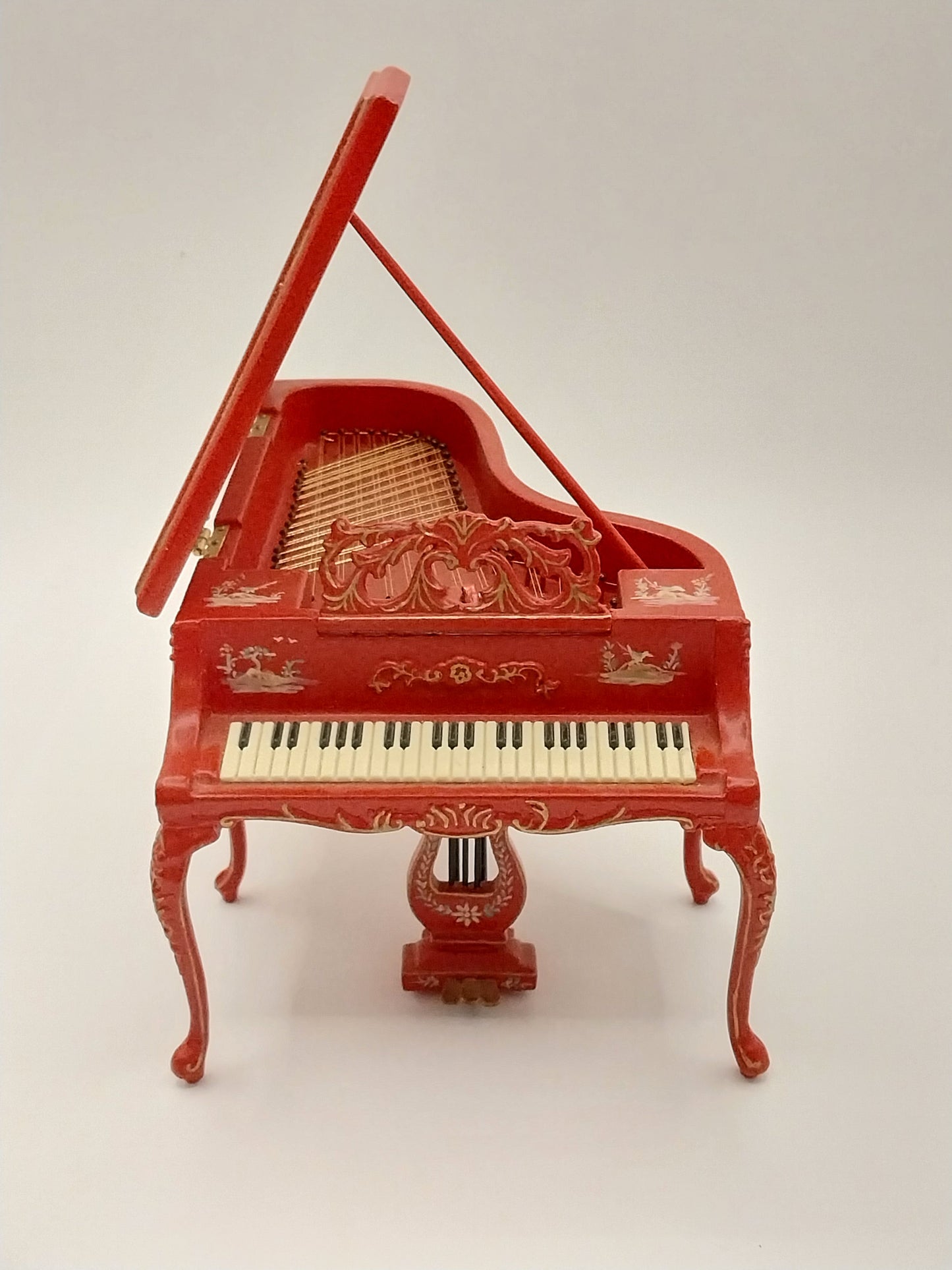 Grand Piano & Stool, Red Chinoiserie, Handpainted