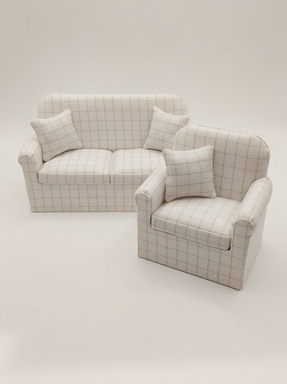 Living Room Set, Cream & Blue Square, 2pc