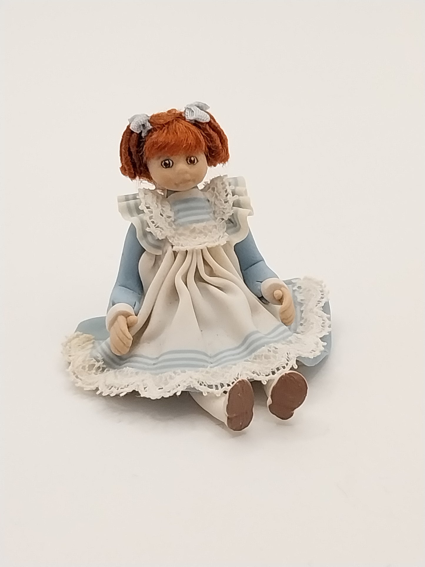 Baby Doll Sitting, Fimo, Blue & White Dress