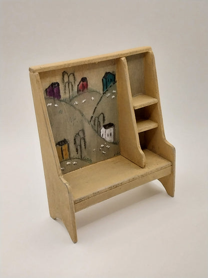 Wooden 3 Shelf Settee Bench With Meadow Picture, Handpainted