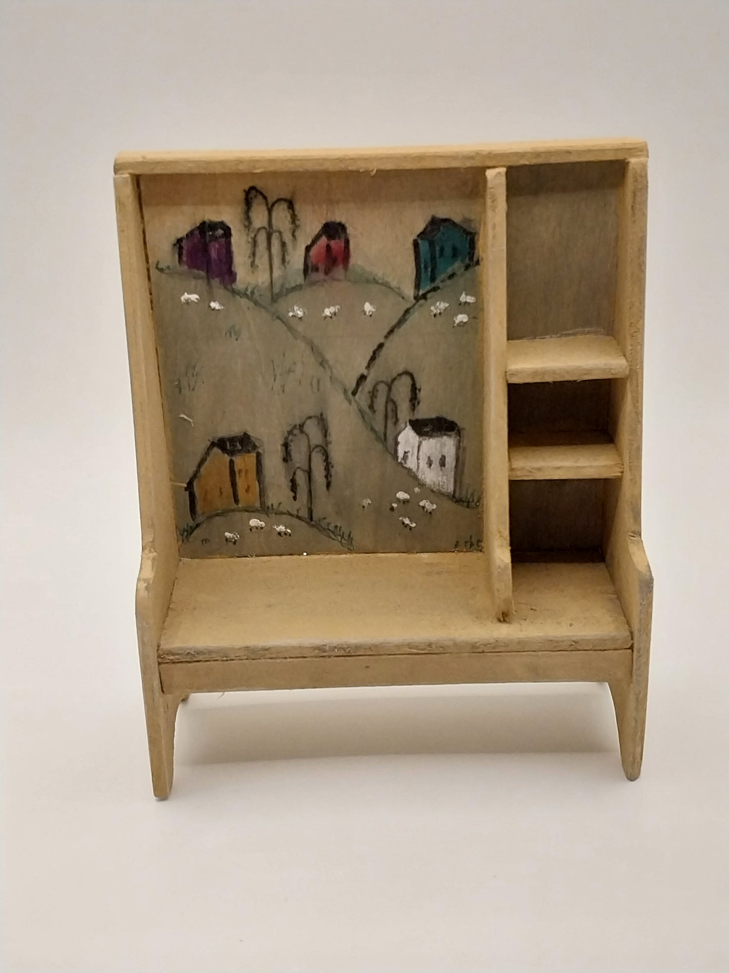Wooden 3 Shelf Settee Bench With Meadow Picture, Handpainted
