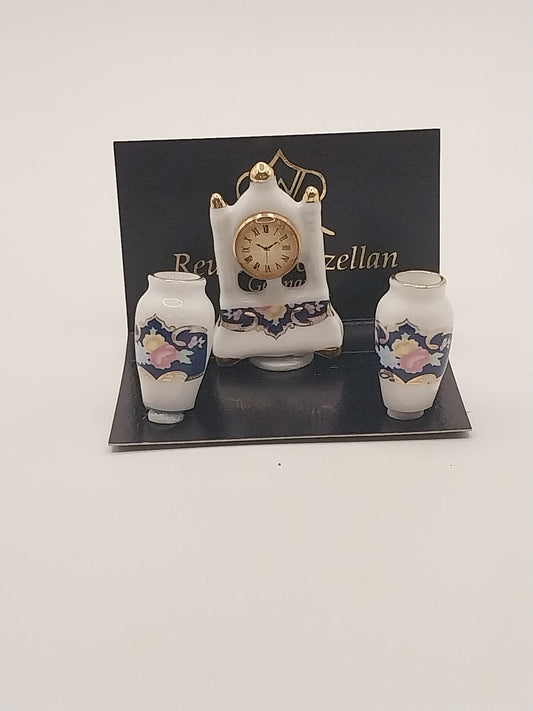 Mantle Clock & Vases, Porcelain, Disc.