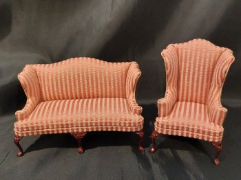 Sofa and Chair, Rose with Cream Stripe, Mahogany