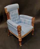 French Settee & Arm Chairs, 3pc, Walnut, Blue