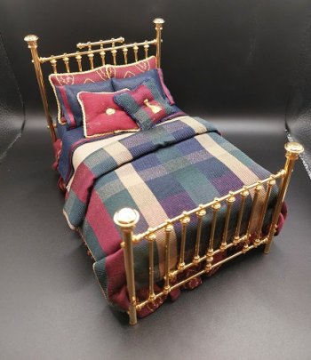 Fancy Double Brass Bed, Dressed, Navy Plaid