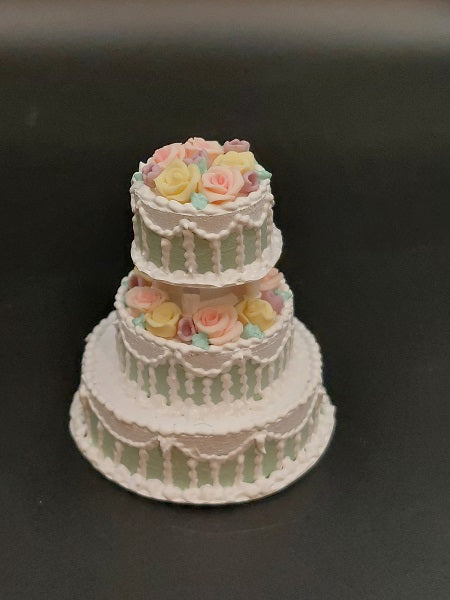 3 Tier Cake, White/Green w/ Roses