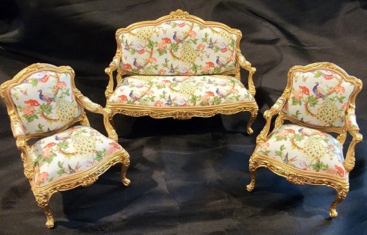 Louis XV Settee & 2 Chairs, 22KT Gilt, Blue Peacock