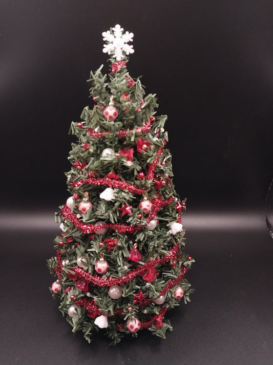 Christmas Tree, Traditional with Red, White, & Pearl Ornaments & Lights