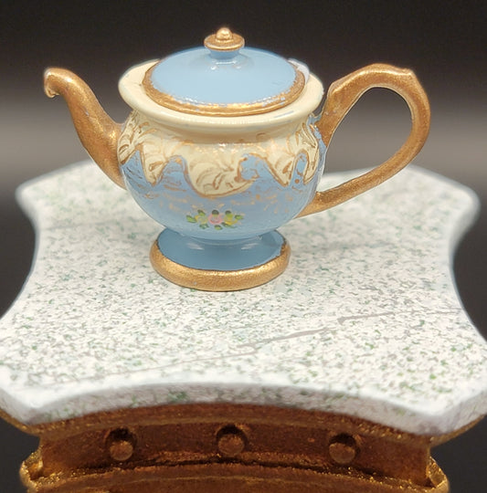 Handpainted Teapot in Blue, Cream, & Gold with flowers