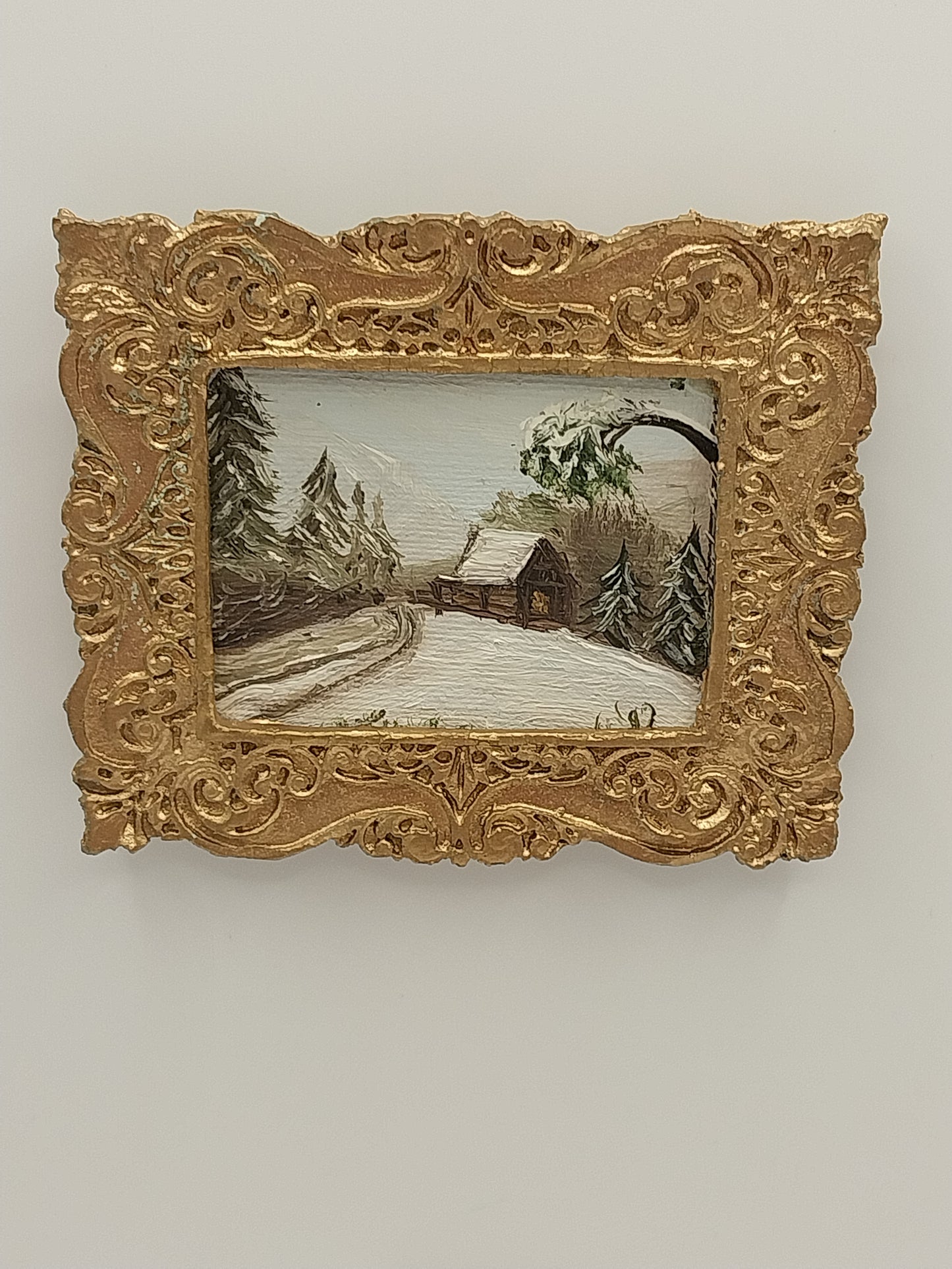 Framed Canvas Painting, Log Cabin in Snow, Gold