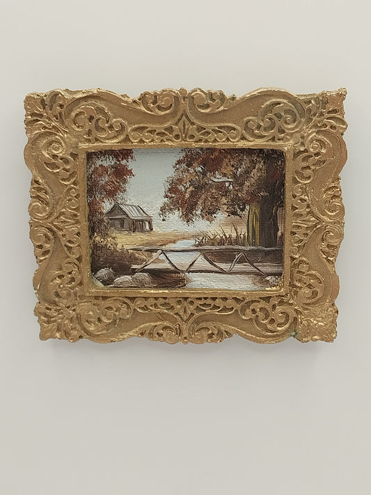 Framed Canvas Painting, Log Cabin by the Lake, Gold