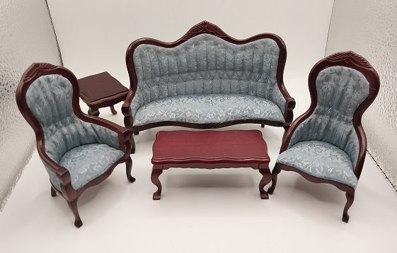 Victorian Living Room Set, Blue Brocade, MH, 5pc