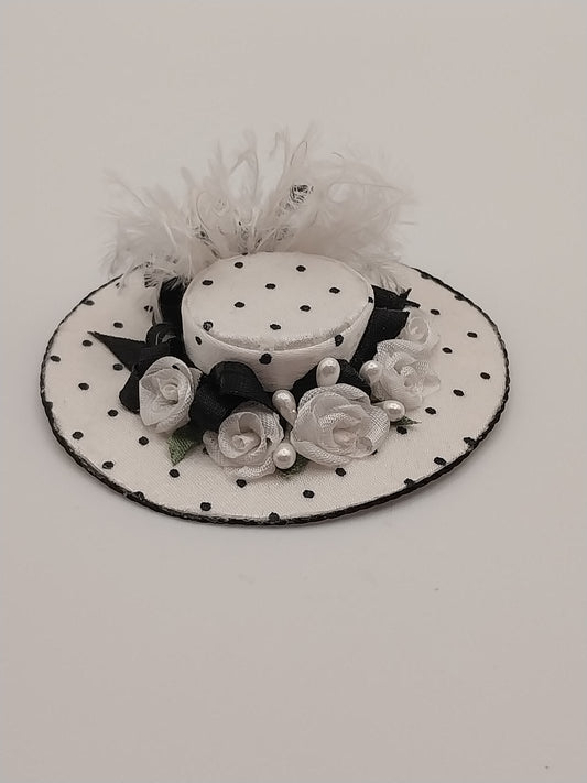 Silk Victorian Ladies Hat, White with Black Polka Dot