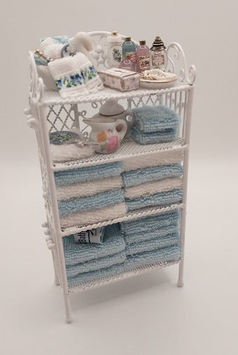 Large White Iron Wicker Bath Shelf, Filled, Blue