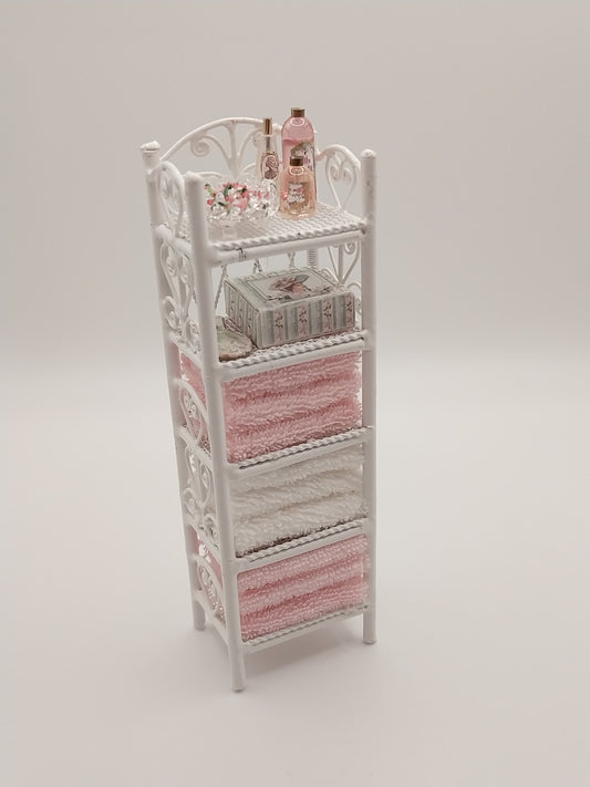 Small White Iron Wicker Bath Shelf, Filled, Pink