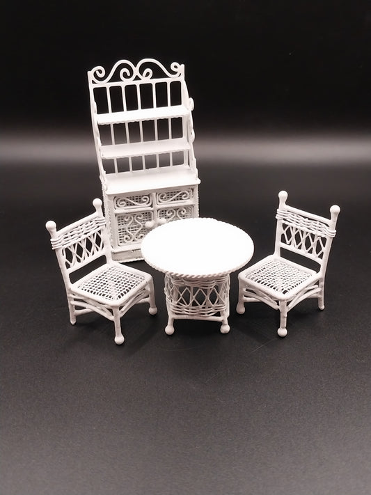 1/2" Scale White Iron Wicker Kitchen Set, 4pc