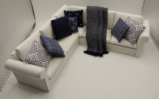 Sectional Living Room Set Cream with Blue & Blacks Throw & Pillows