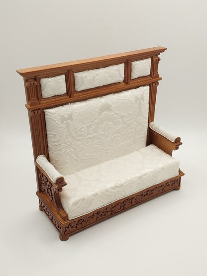 Hall Bench, White Brocade, Walnut