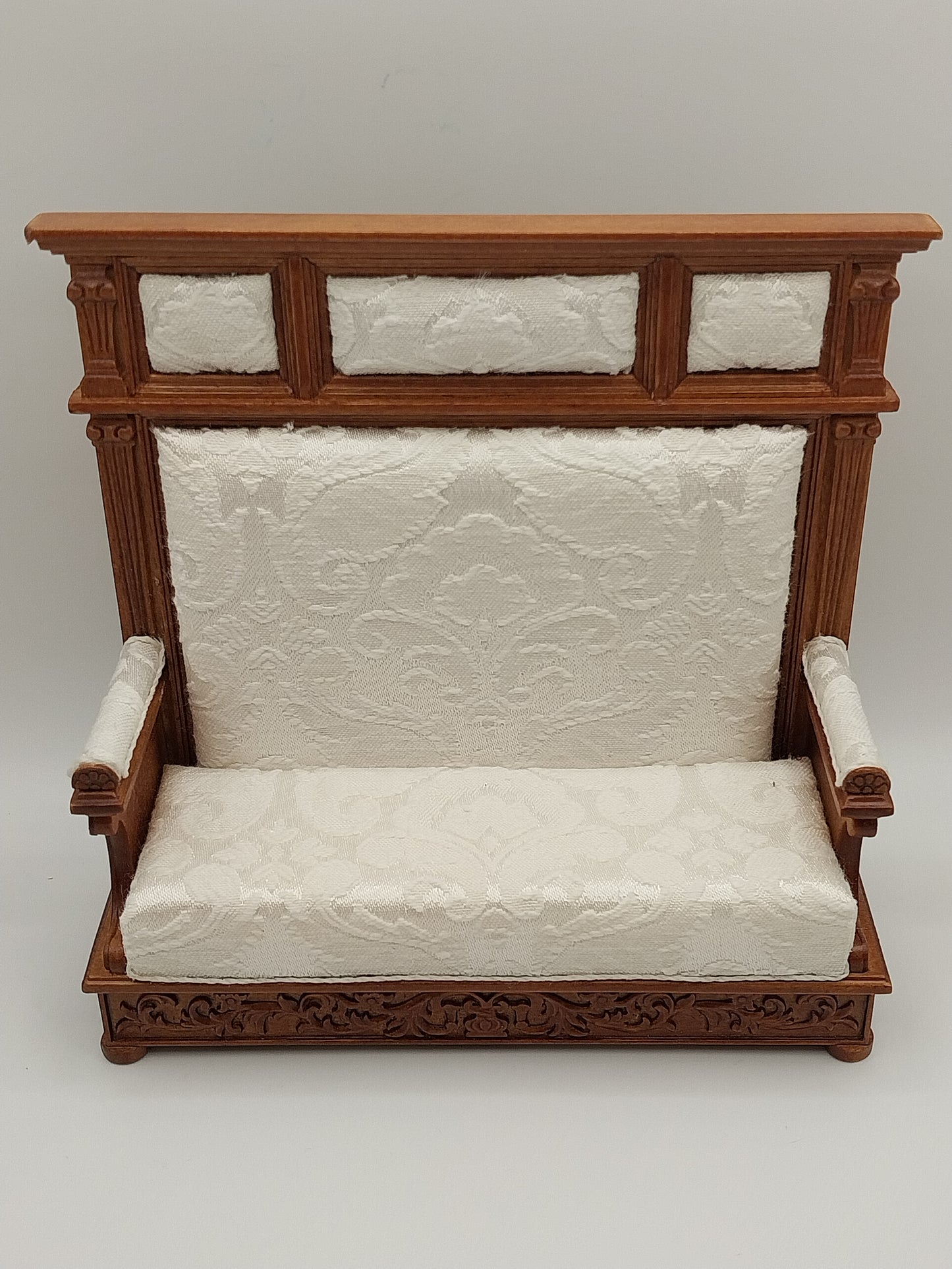 Hall Bench, White Brocade, Walnut