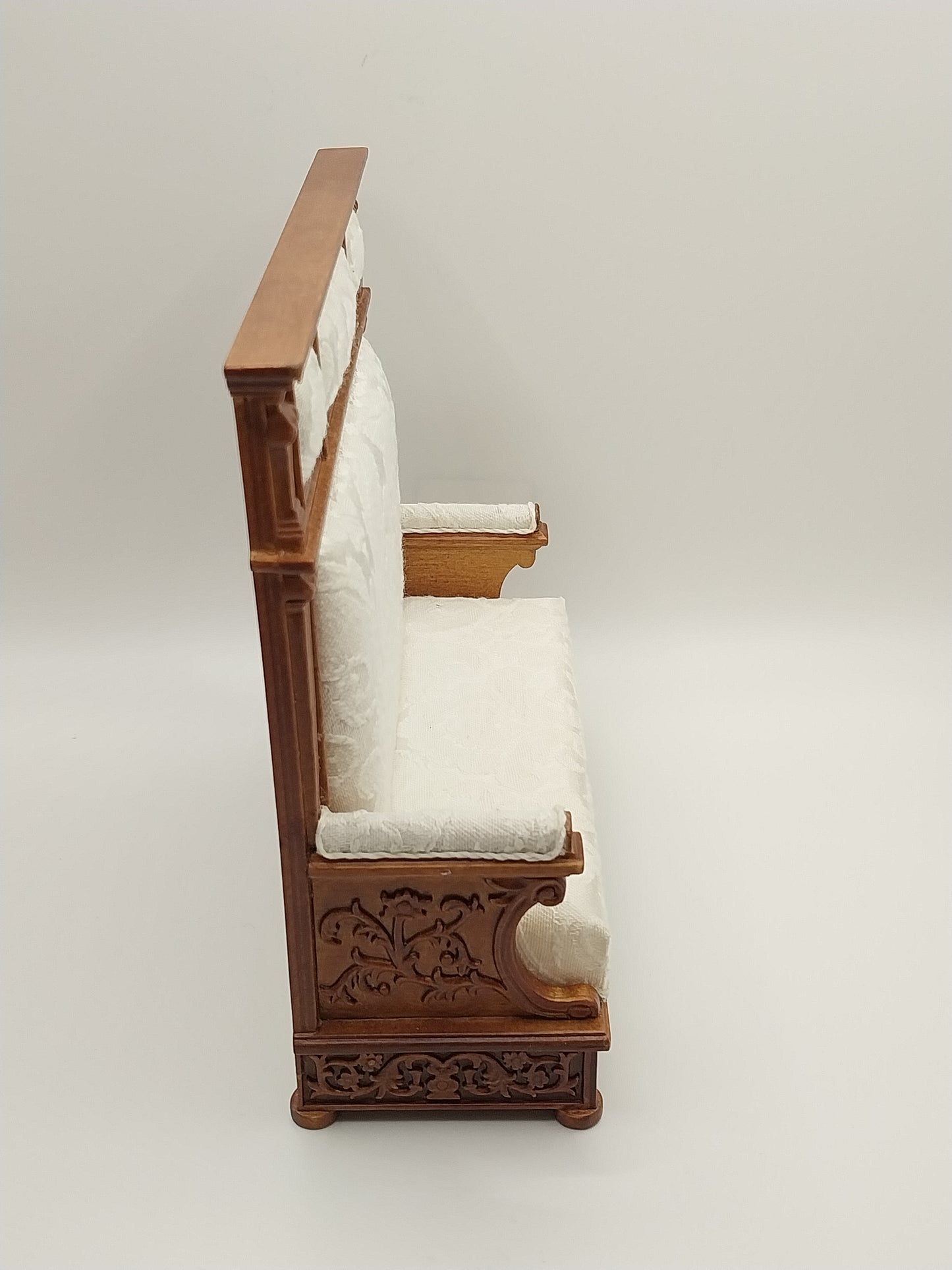 Hall Bench, White Brocade, Walnut