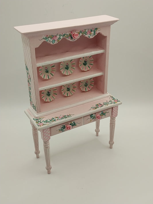 Pink & White Trellis Hutch with Dishes