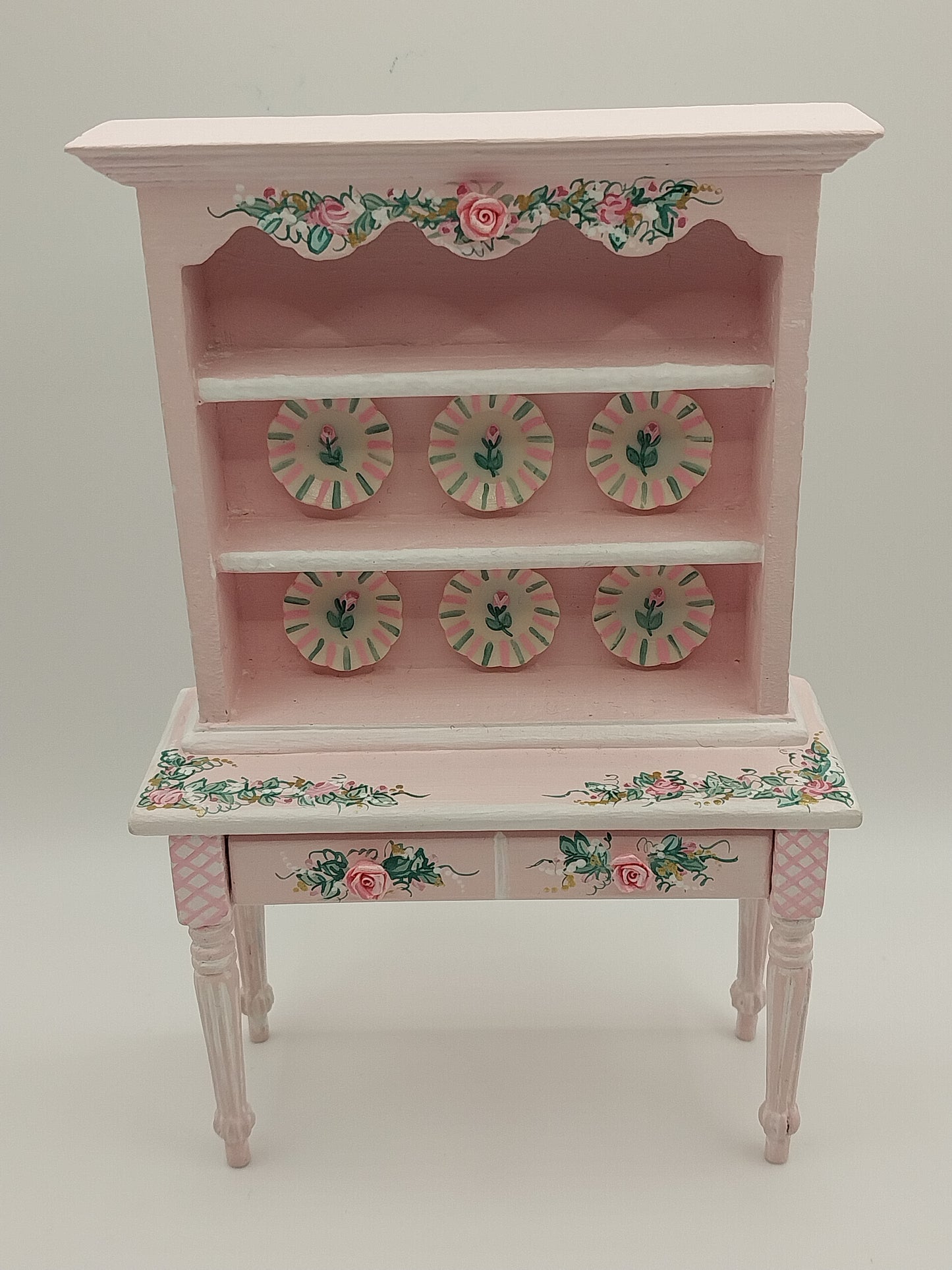 Pink & White Trellis Hutch with Dishes