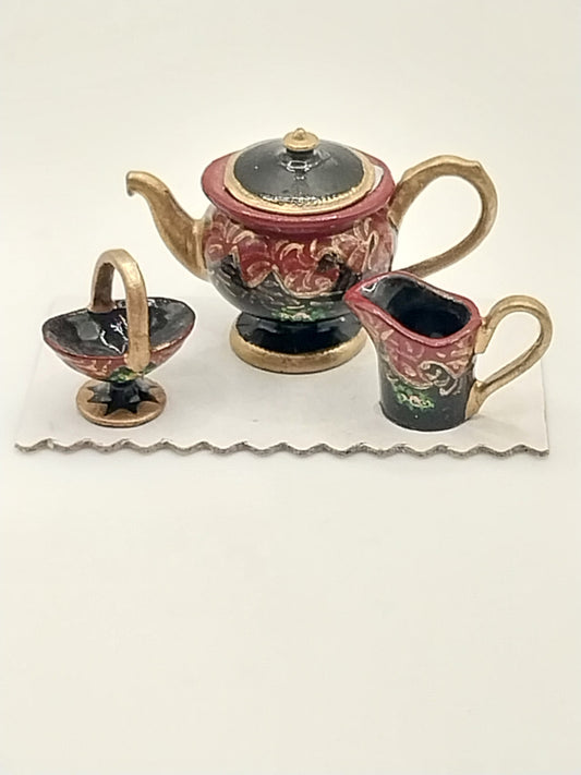 Handpainted Tea Set in Burgundy, Black & Gold with Flowers