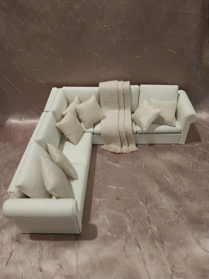 Sectional Living Room Set, Cream with Ivory Throw & Pillows