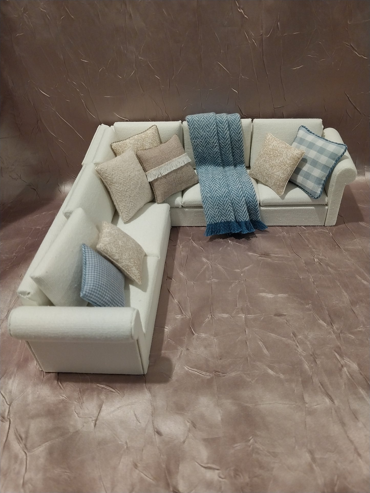 Sectional Living Room Set Cream with Blue & Tans Throw & Pillows