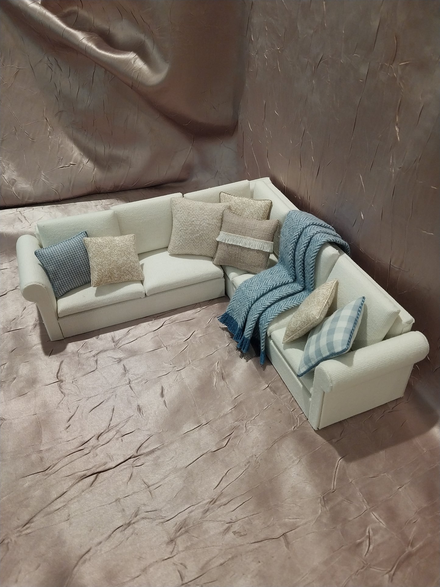 Sectional Living Room Set Cream with Blue & Tans Throw & Pillows