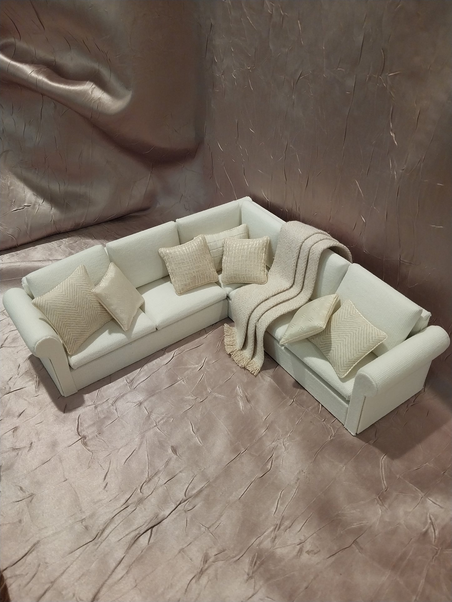 Sectional Living Room Set, Cream with Ivory Throw & Pillows