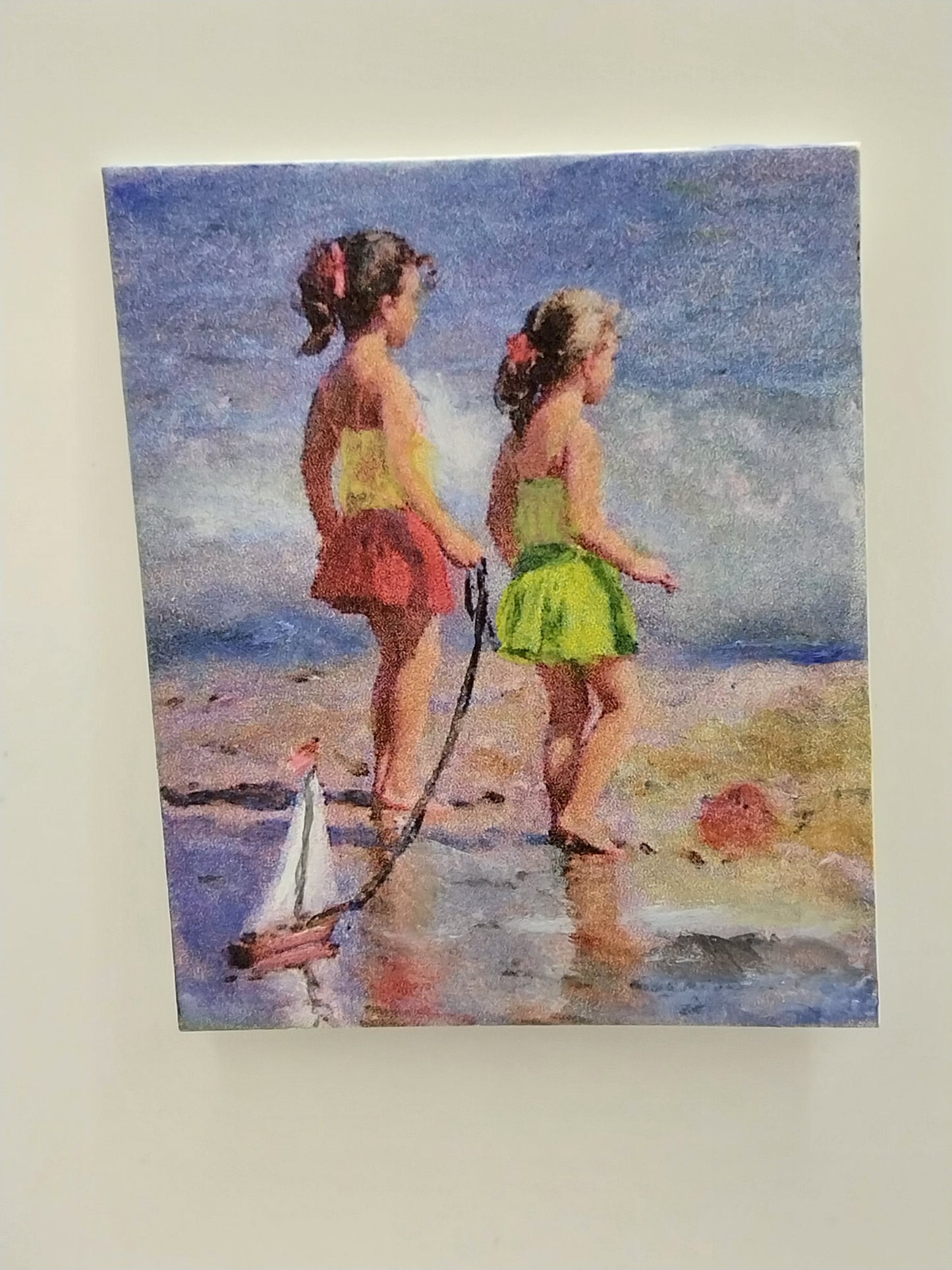 Oil Painting, 2 Young Girls at Beach with Sailboat