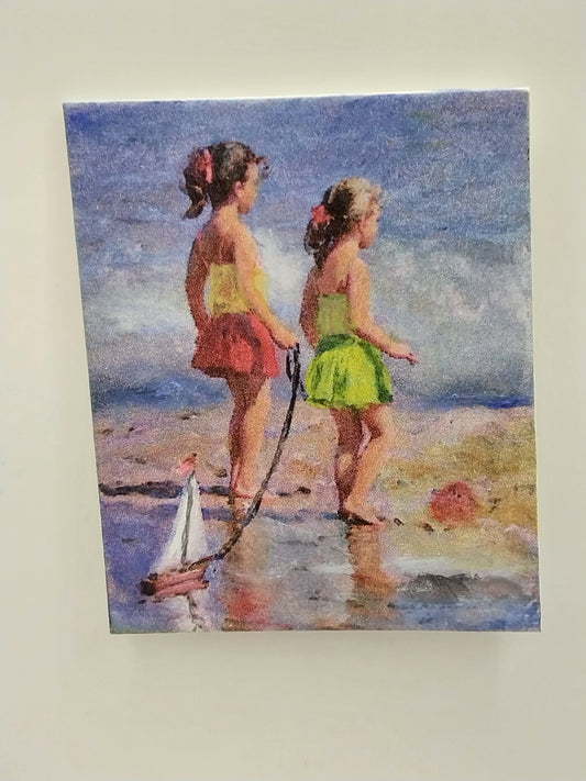 Oil Painting, 2 Young Girls at Beach with Sailboat