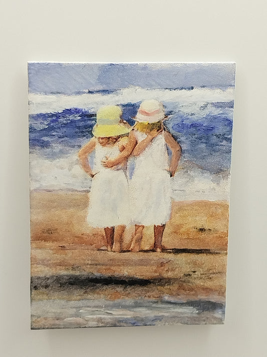 Oil Painting, 2 Young Girls in Arms at the Beach