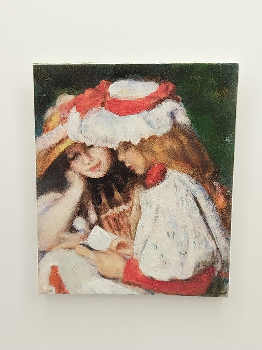 Oil Painting, 2 Young Girls Reading a Story