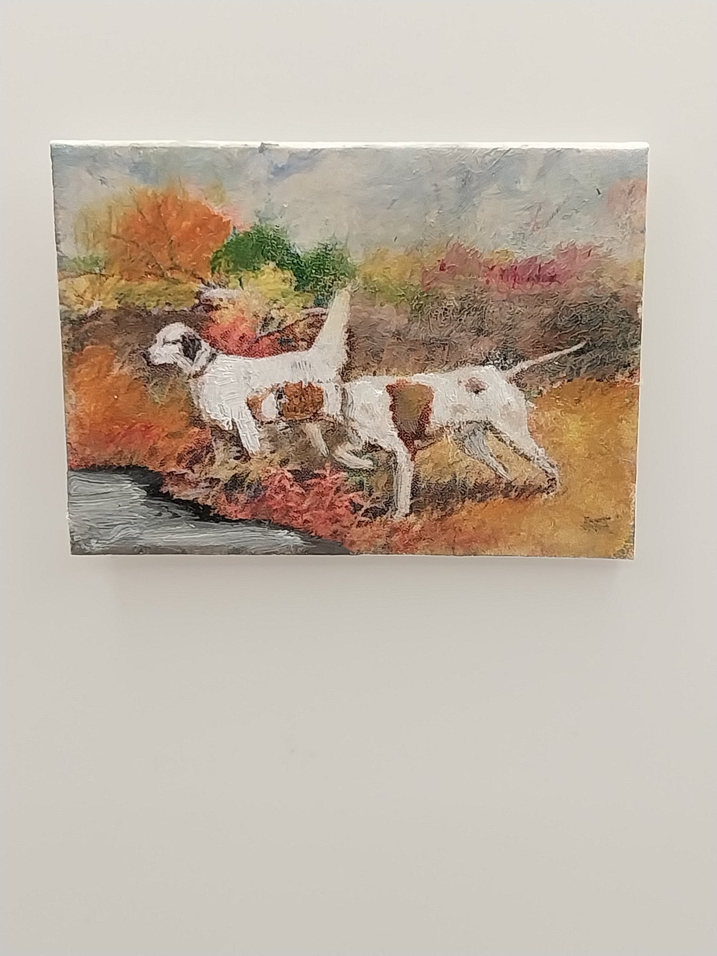 Oil Painting, 2 Pointer Hunting Dogs in the Fall