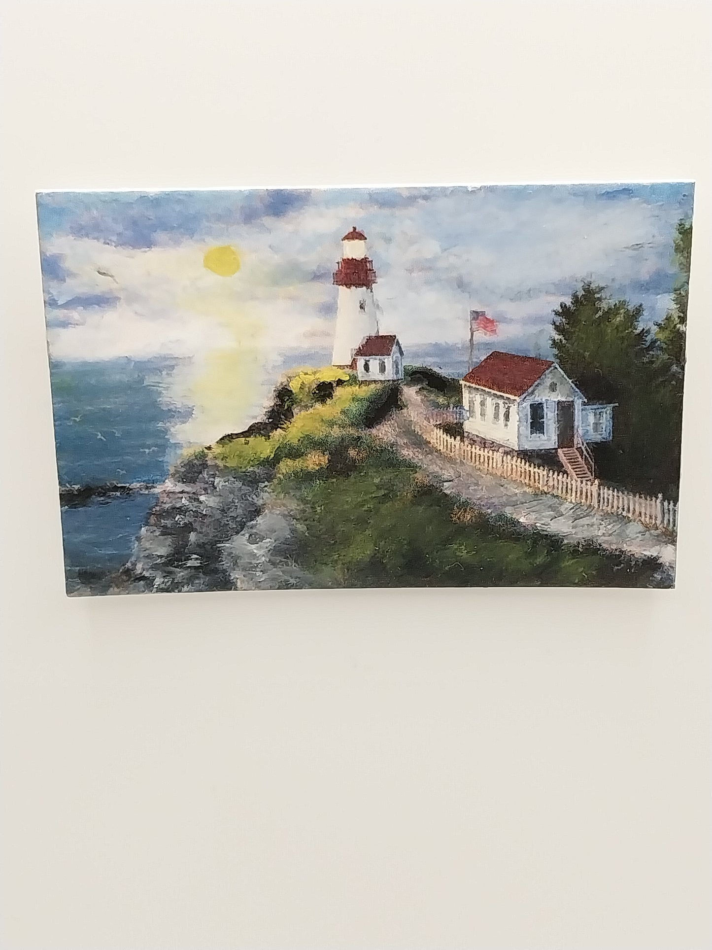 Oil Painting, Lighthouse On Ocean Side Hill