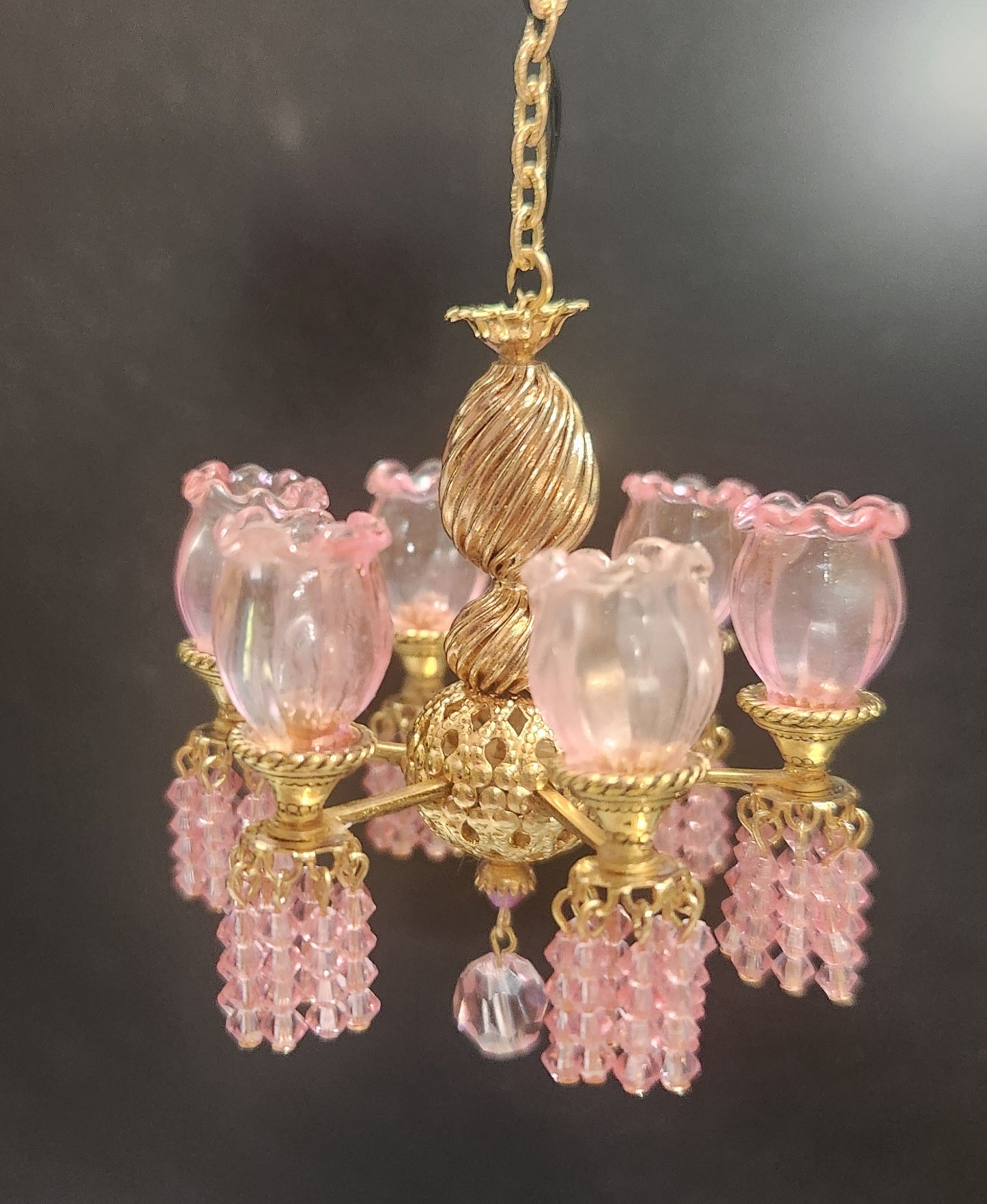 6 Arm Pink Crystal Chandelier w/Pink Glass Shades