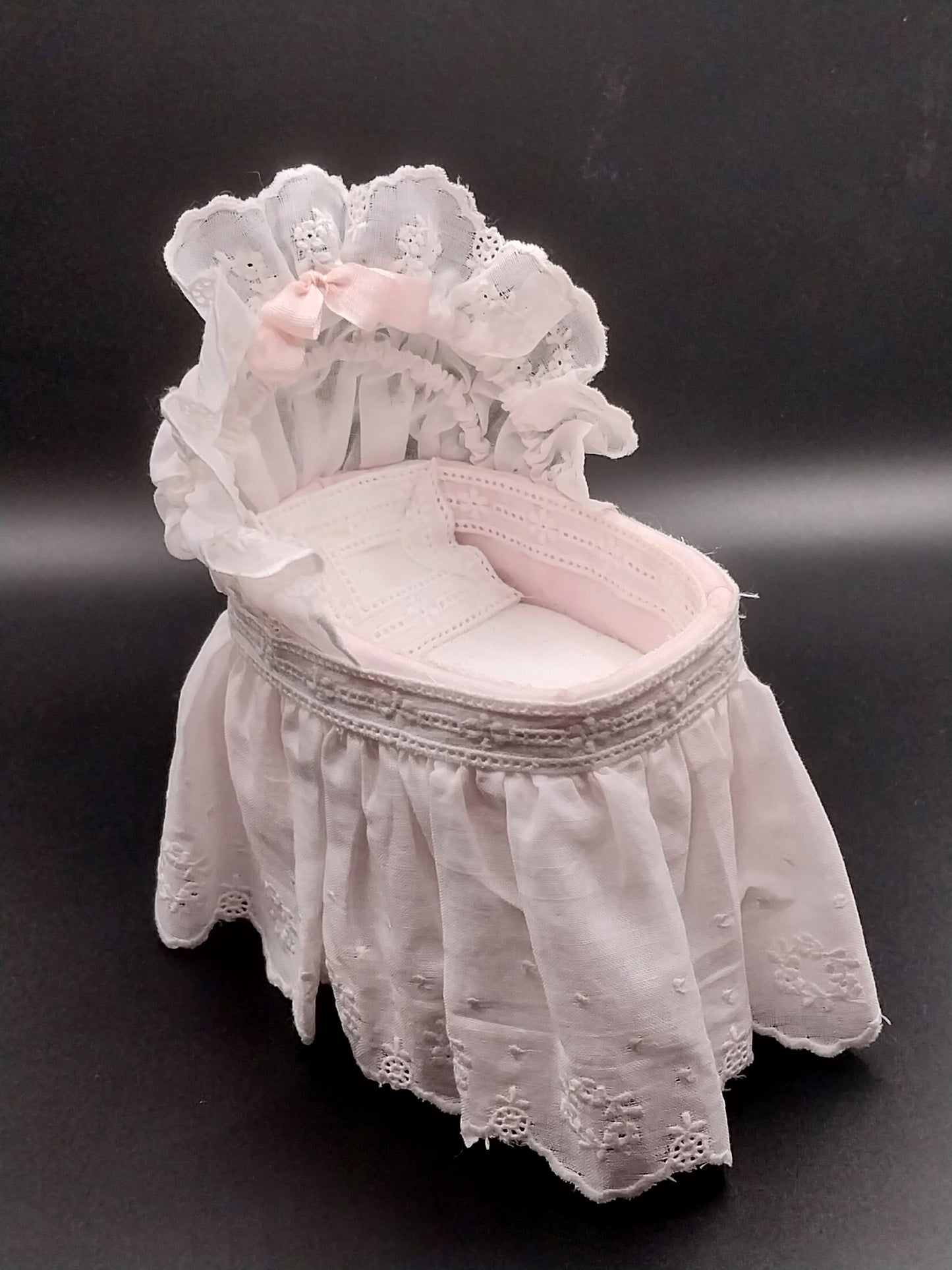 Victorian Bassinet, White Lace, Pink Trim