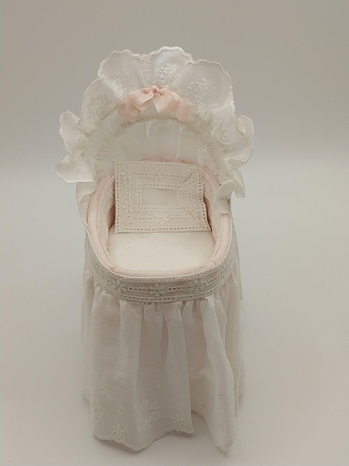 Victorian Bassinet, White Lace, Pink Trim