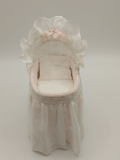 Victorian Bassinet, White Lace, Pink Trim