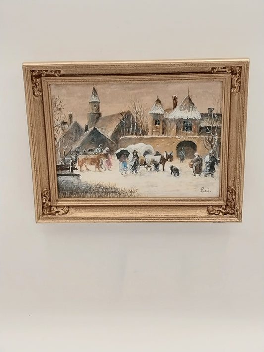 Gold Frame Painting, 1800's Winters In Town