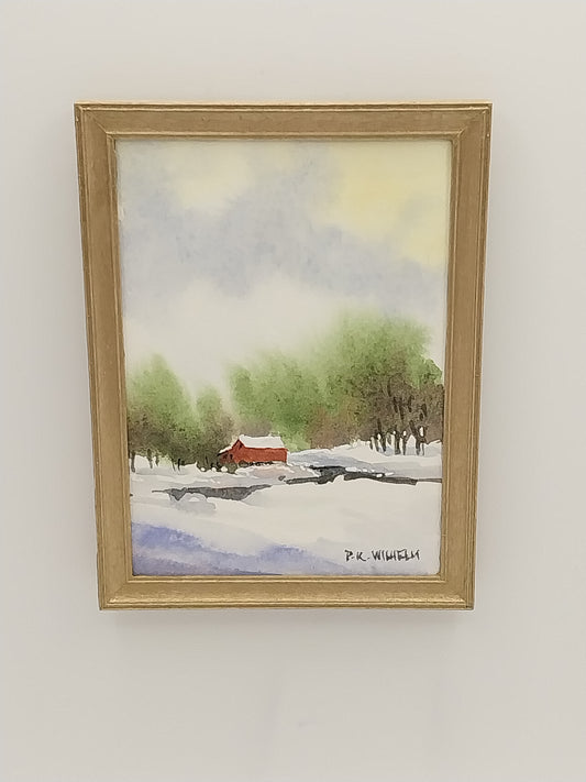 Gold Framed Painting, Christmas Red Barn