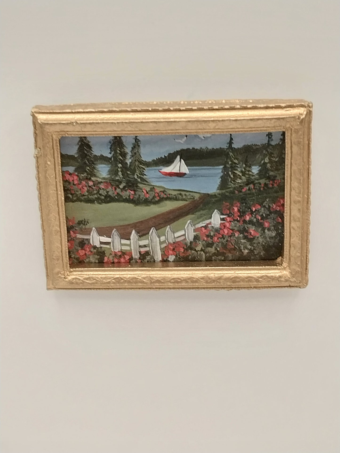 Gold Framed Painting, Sailboat, Fence, & Florals