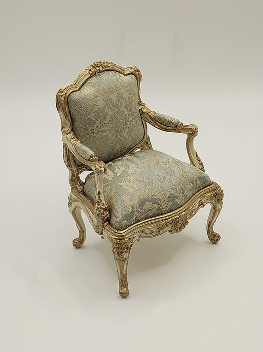 CBB762, Louis XV Arm Chair, 22kt Gilt, Blue Silk Damask