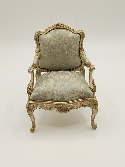 CBB762, Louis XV Arm Chair, 22kt Gilt, Blue Silk Damask