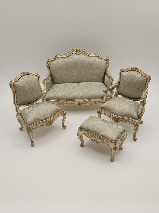 CBB763A, Louis XV Settee & 2 Chairs, 22kt Gilt, Blue Damask