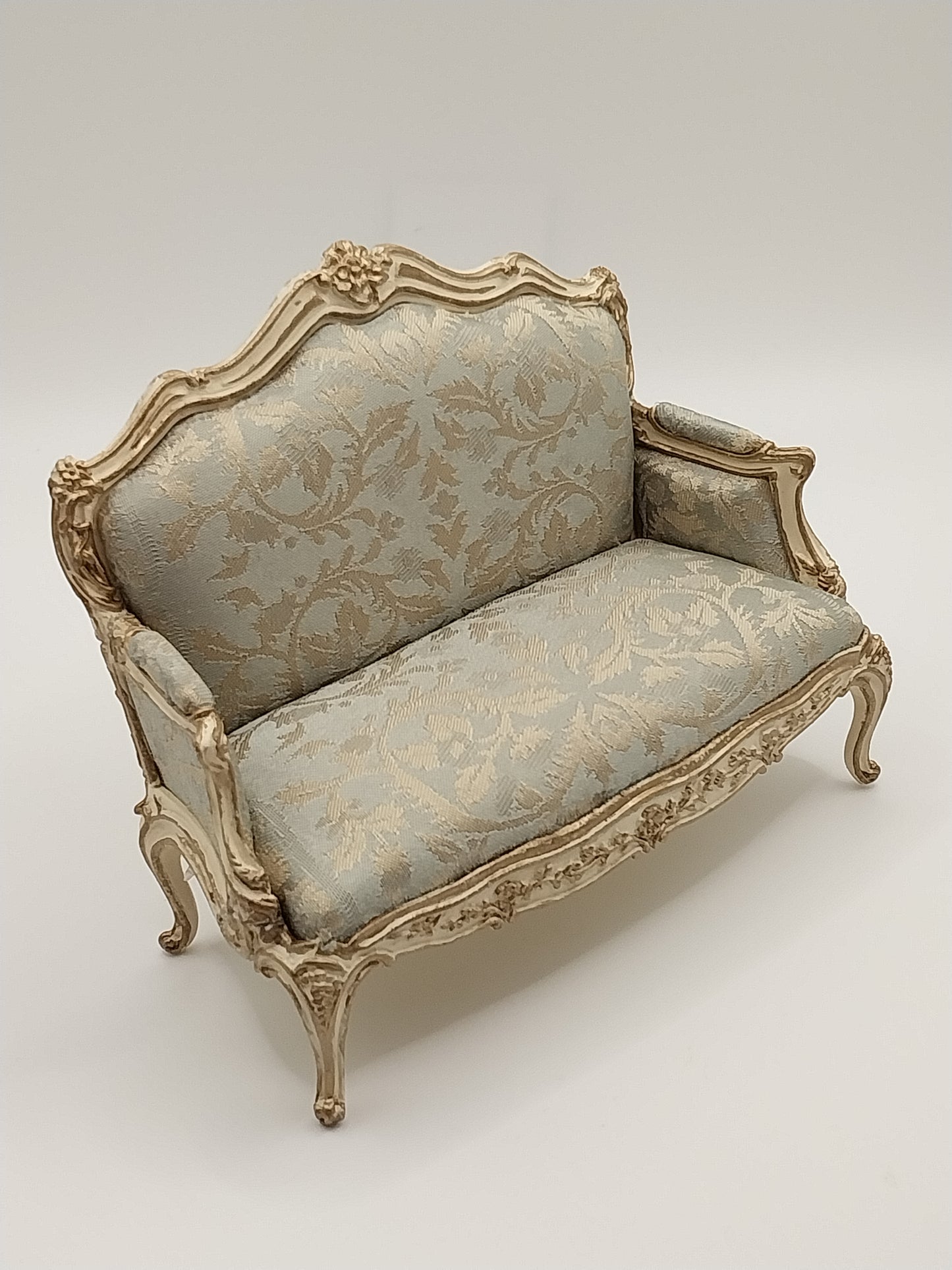 CBB763A, Louis XV Settee & 2 Chairs, 22kt Gilt, Blue Damask