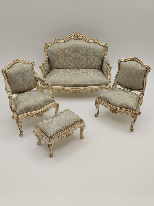 CBB763B, Louis XV Settee & 2 Chairs, 22kt Gilt, Blue Damask